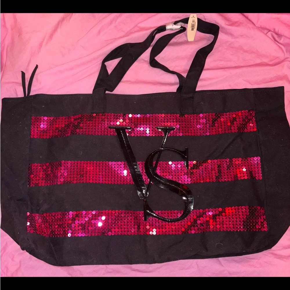 Victoria’s Secret pink black sequin bling tote bag - Picture 1 of 2